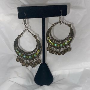 Bohemian style antiqued silver & rhinestone earrings with filigree drops-dangles
